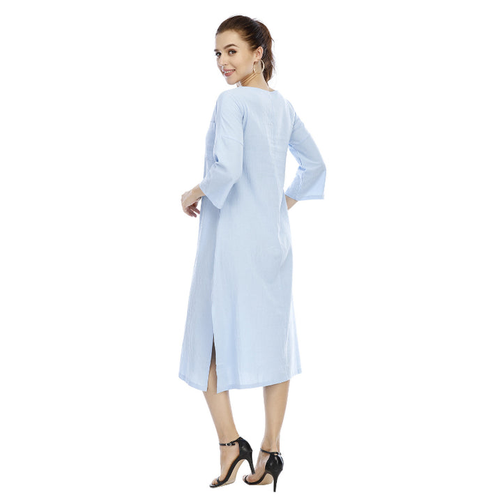 Womens Cotton And Linen Five-Point Sleeve Dress Image 11