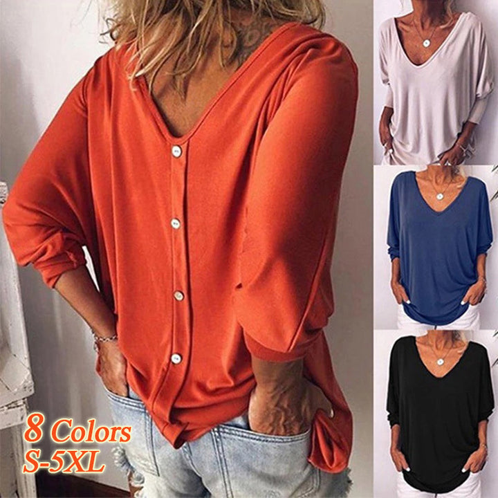 Womens V-Neck 3/4 Sleeve Back Button T-Shirt Image 1