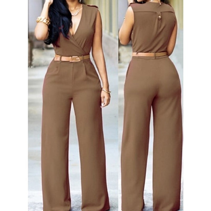 High Waist V-Neck Wide-Leg Jumpsuit With Irregular Belt Image 1