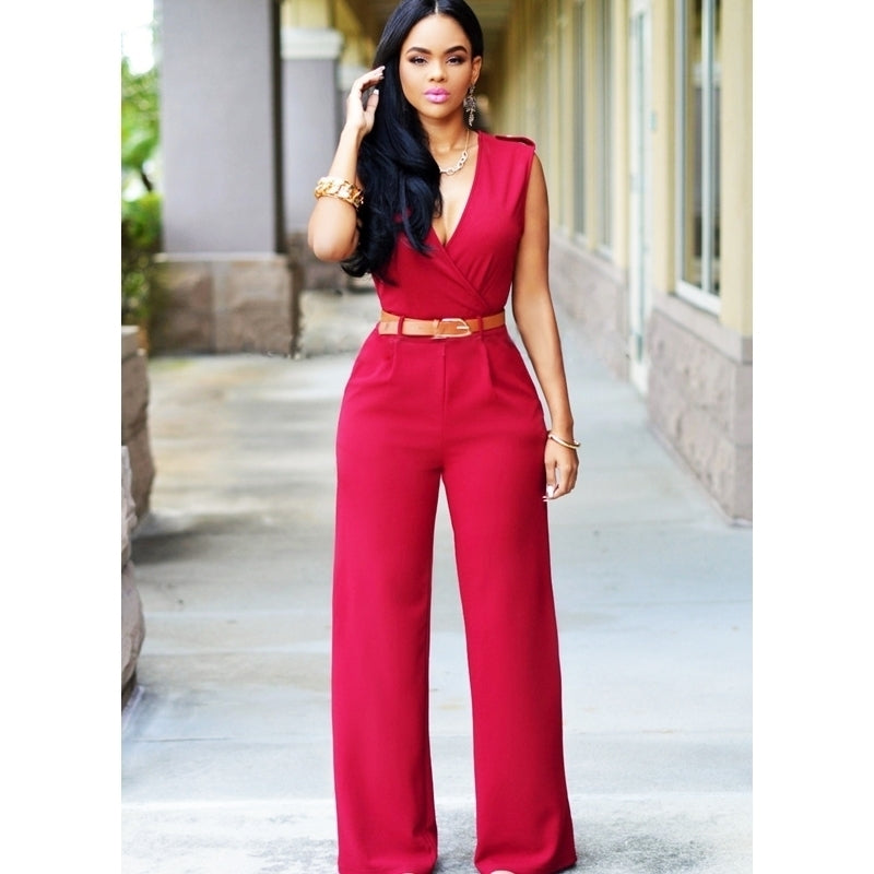 High Waist V-Neck Wide-Leg Jumpsuit With Irregular Belt Image 4