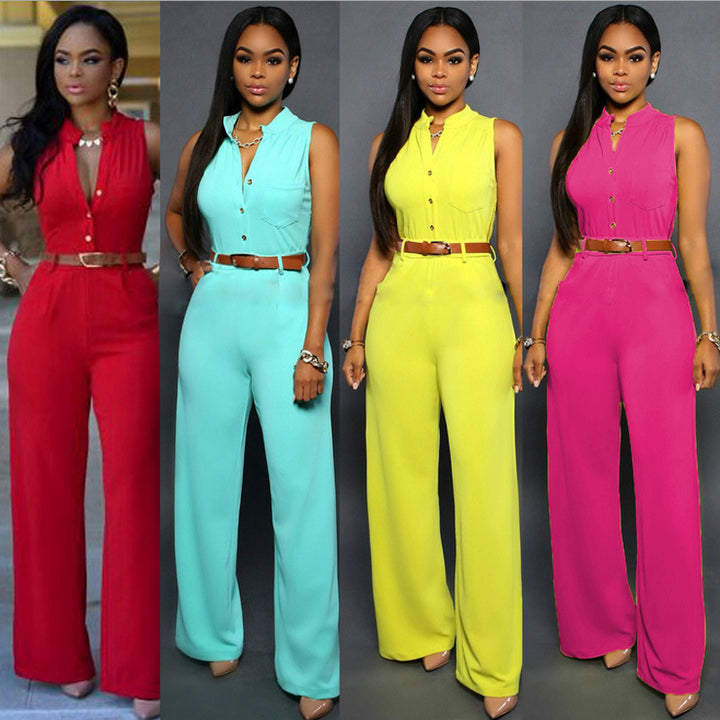 Single-Breasted High-Waist Belted Wide-Leg Jumpsuit Image 1