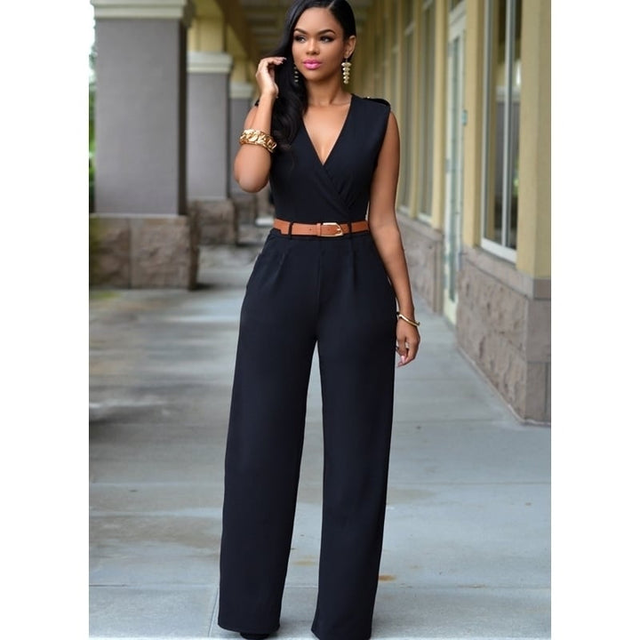 High Waist V-Neck Wide-Leg Jumpsuit With Irregular Belt Image 1