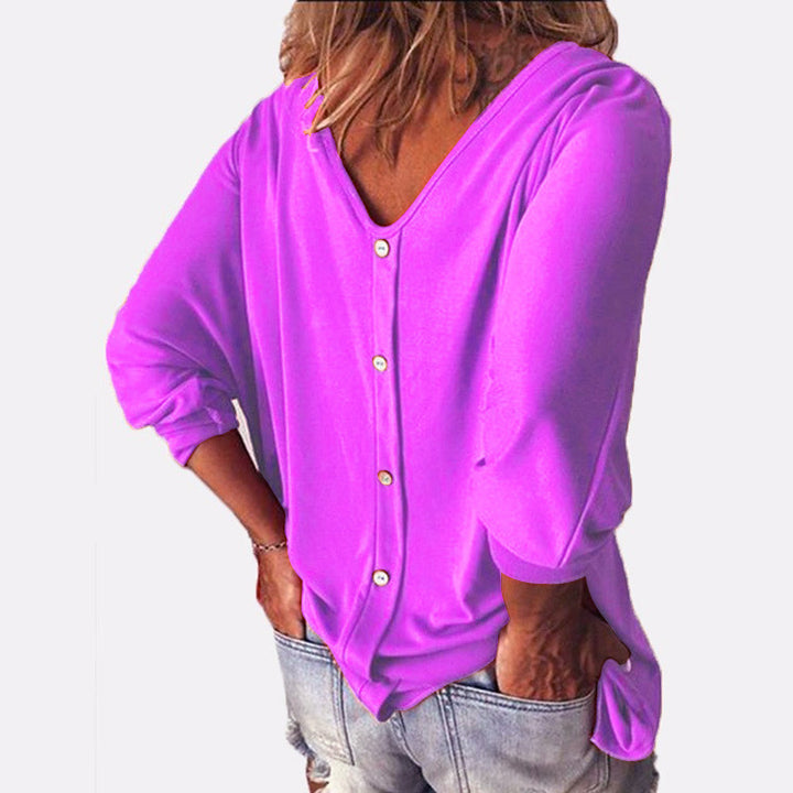 Womens V-Neck 3/4 Sleeve Back Button T-Shirt Image 10