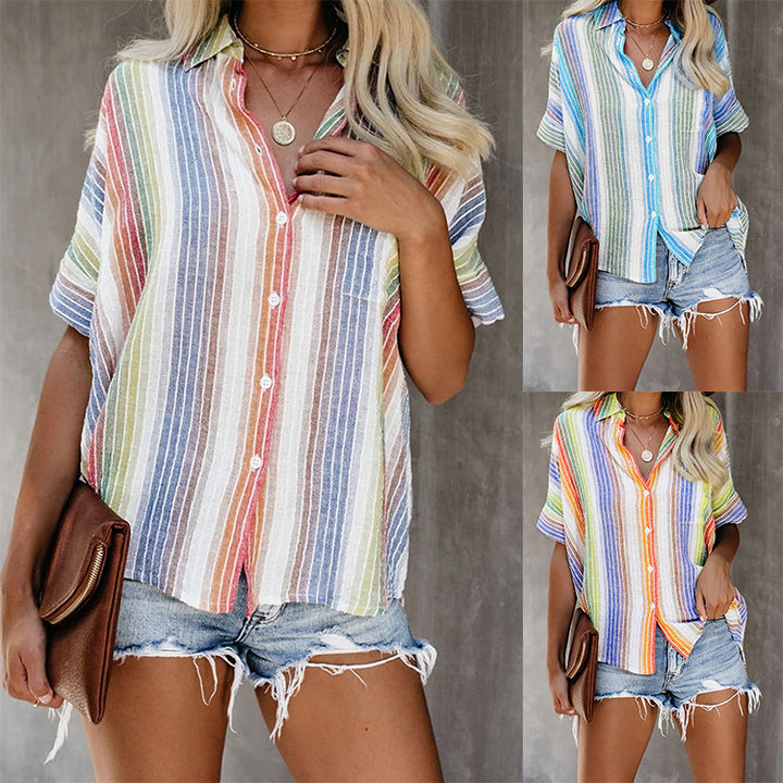 Color Striped Button T-Shirt Women Image 1