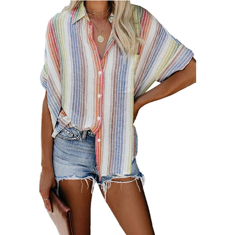 Color Striped Button T-Shirt Women Image 3