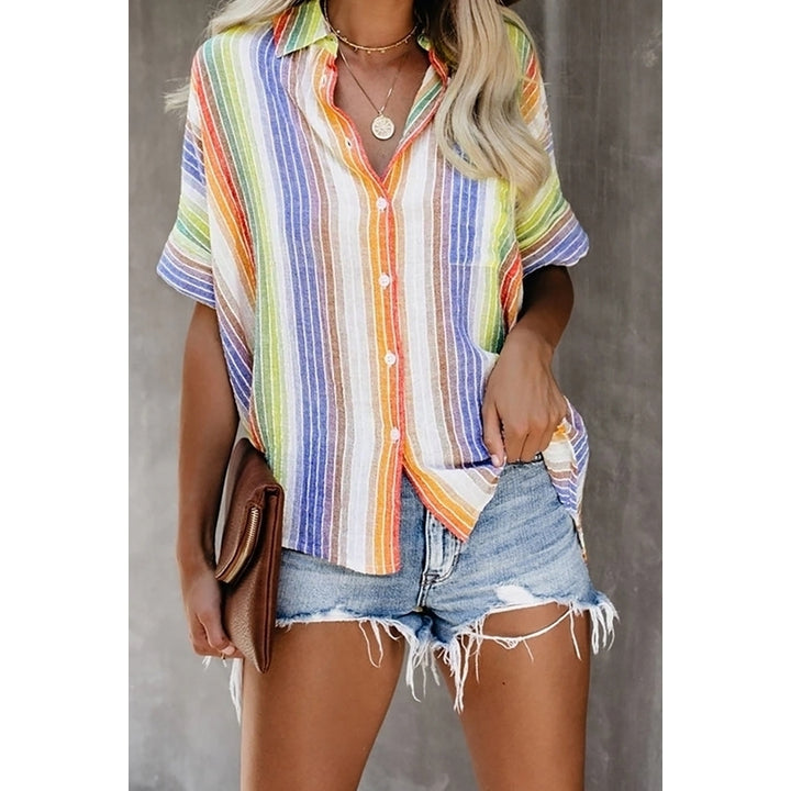 Color Striped Button T-Shirt Women Image 4