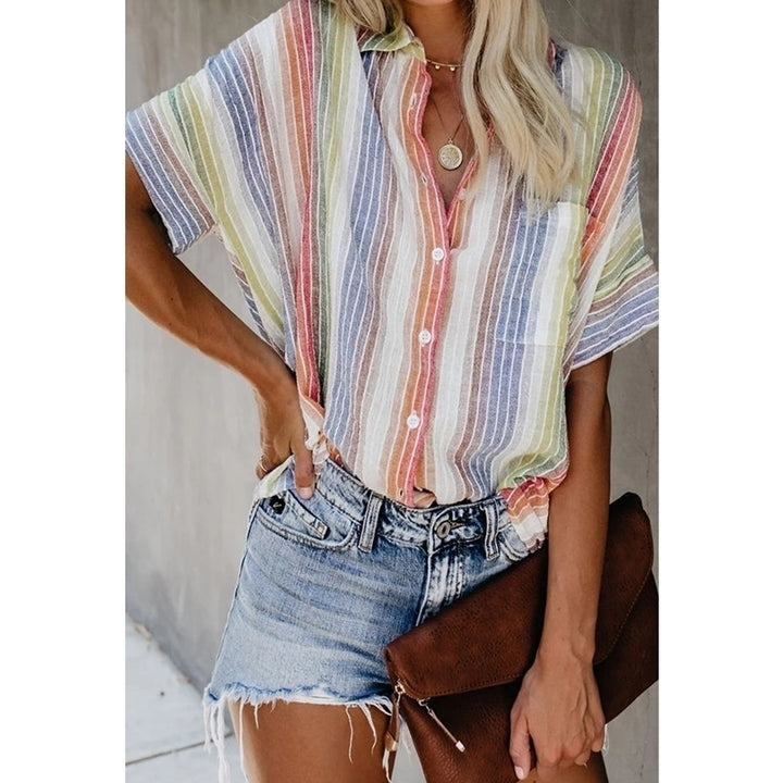 Color Striped Button T-Shirt Women Image 6