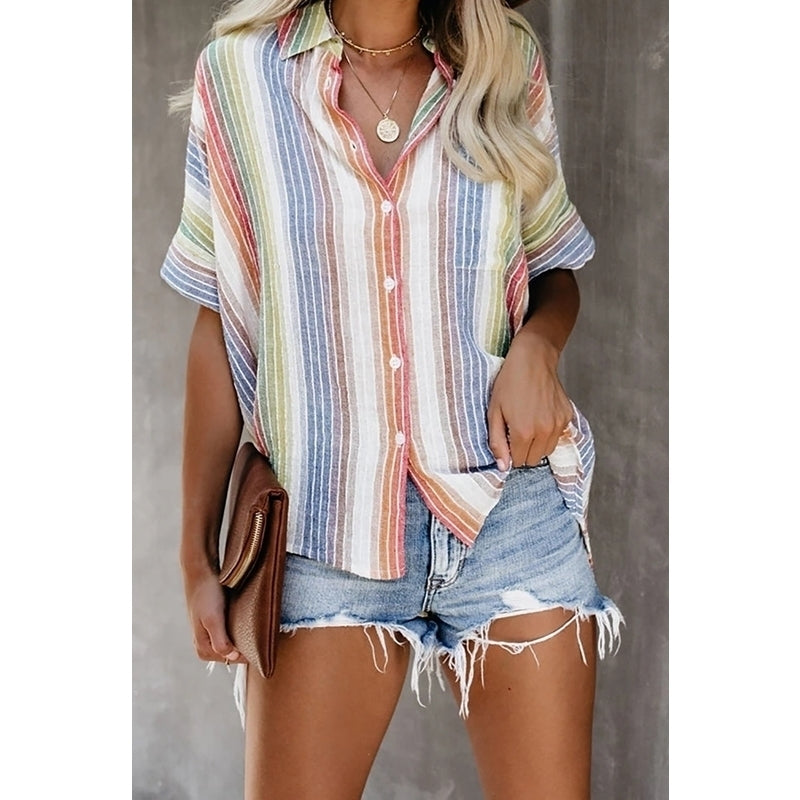 Color Striped Button T-Shirt Women Image 7