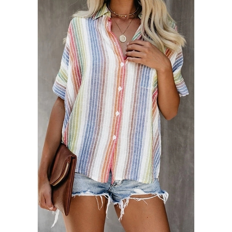 Color Striped Button T-Shirt Women Image 8