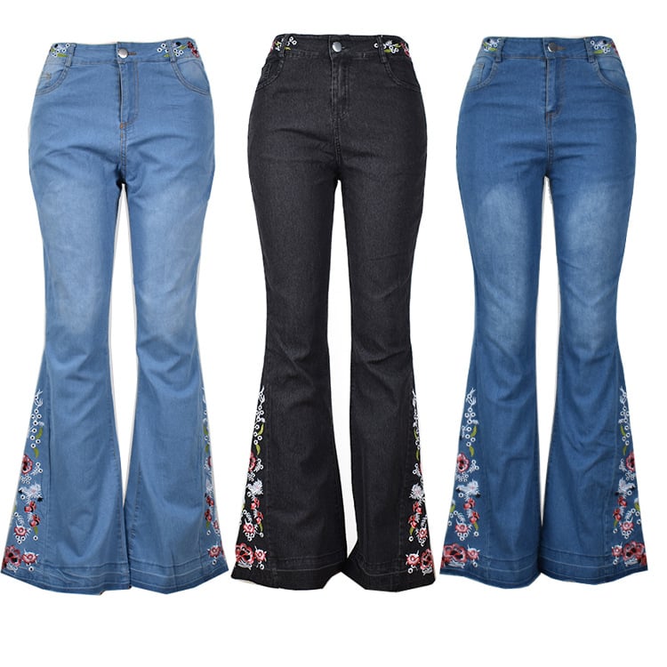 Womens Embroidered Flared Jeans Trousers Image 1