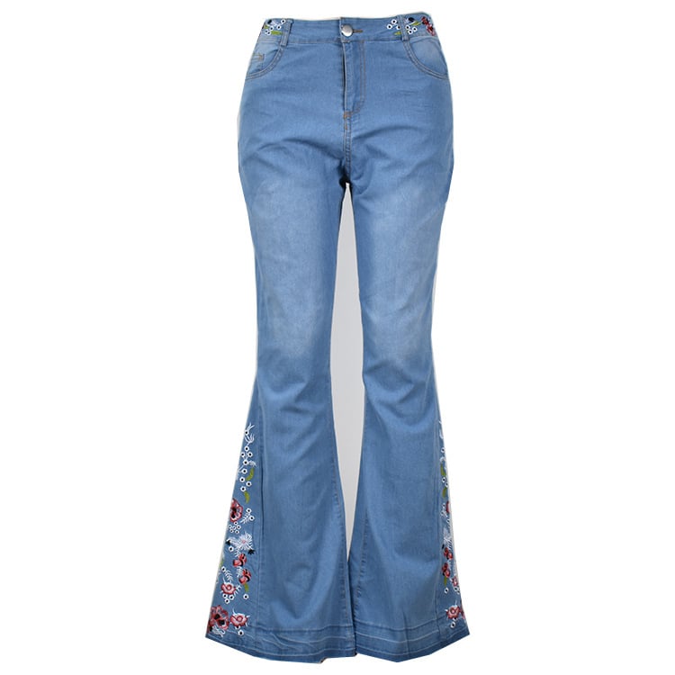Womens Embroidered Flared Jeans Trousers Image 1