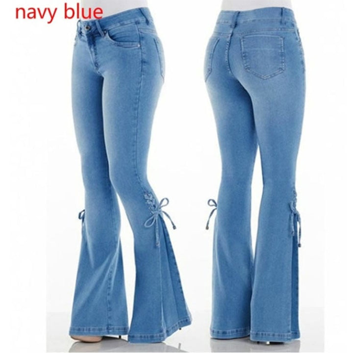Womens Mid-Waist Lace-Up Stretch Jeans Image 3