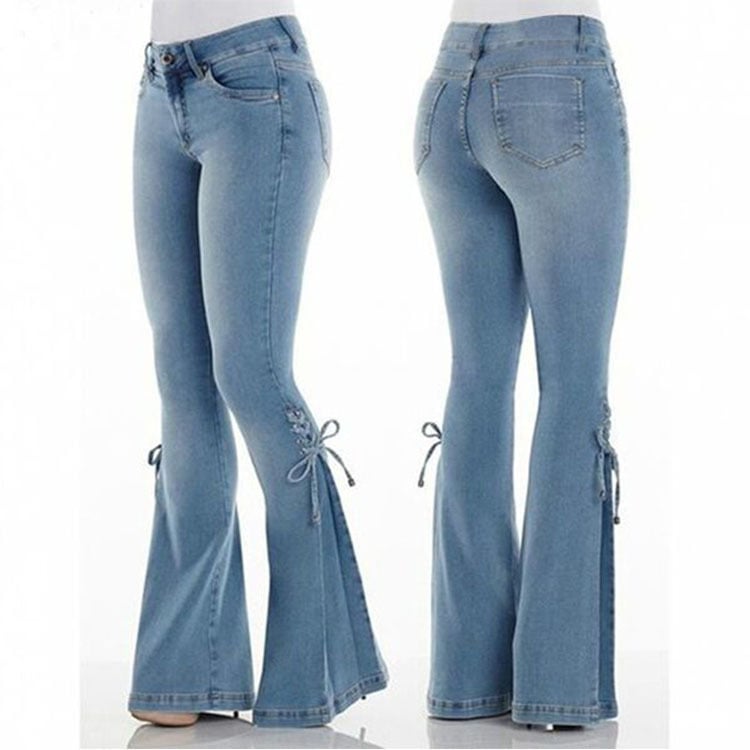 Womens Mid-Waist Lace-Up Stretch Jeans Image 1