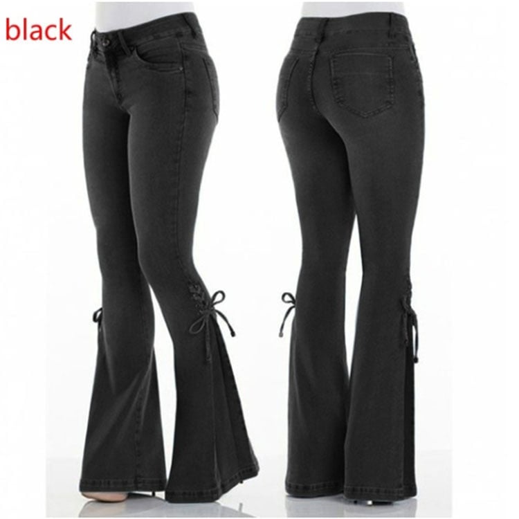 Womens Mid-Waist Lace-Up Stretch Jeans Image 4