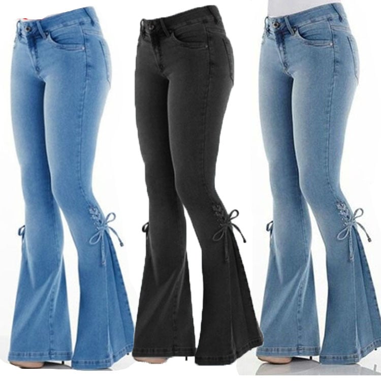 Womens Mid-Waist Lace-Up Stretch Jeans Image 6