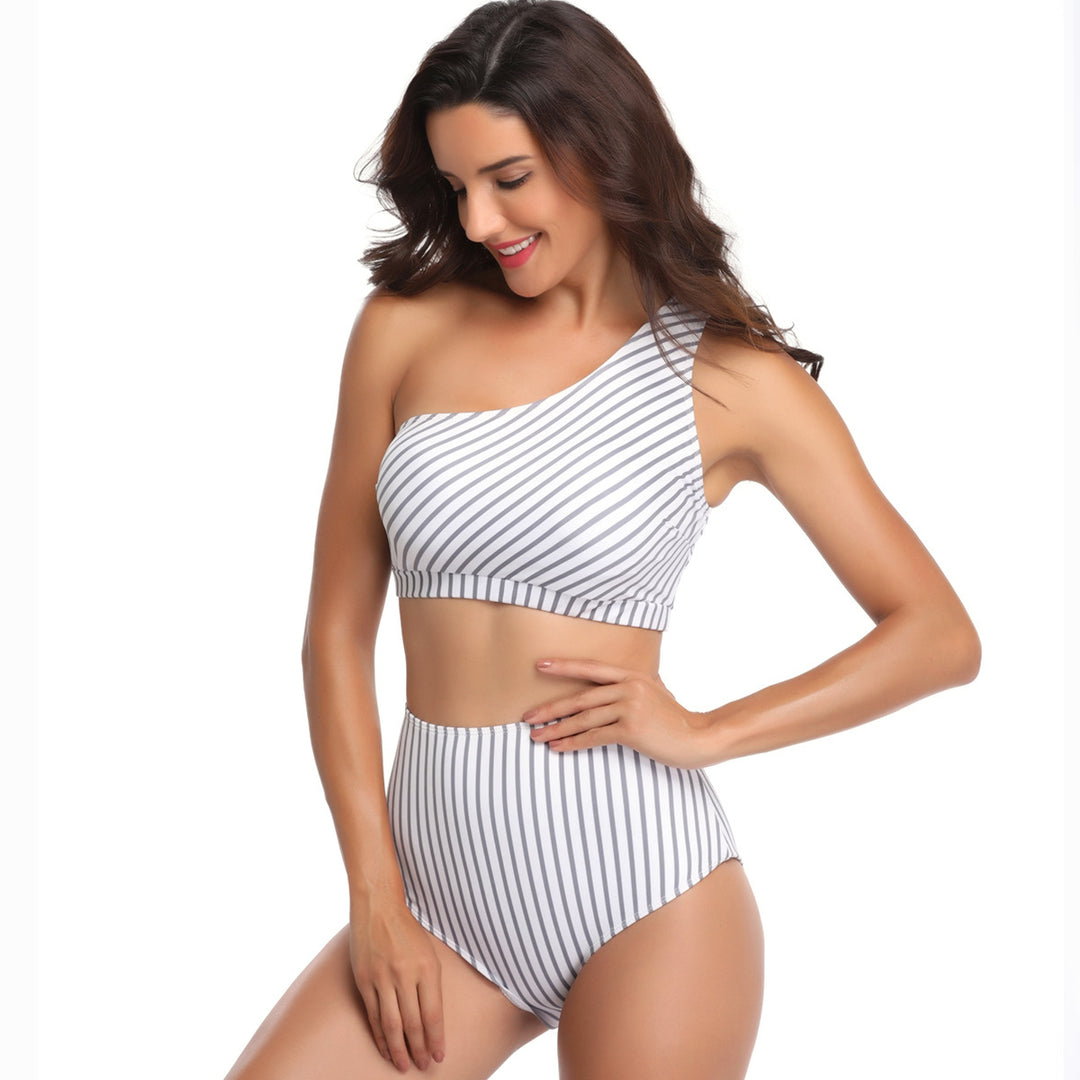 One-Shoulder Striped Split Swimsuit Women Image 7