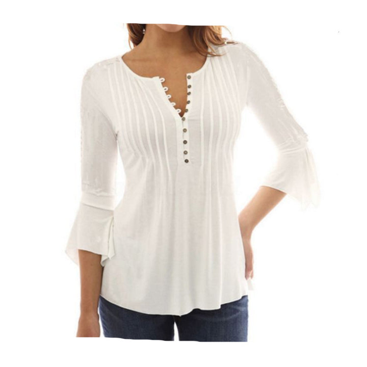 Womens Cropped Flared Sleeve V-Neck Pleated T-Shirt Image 6