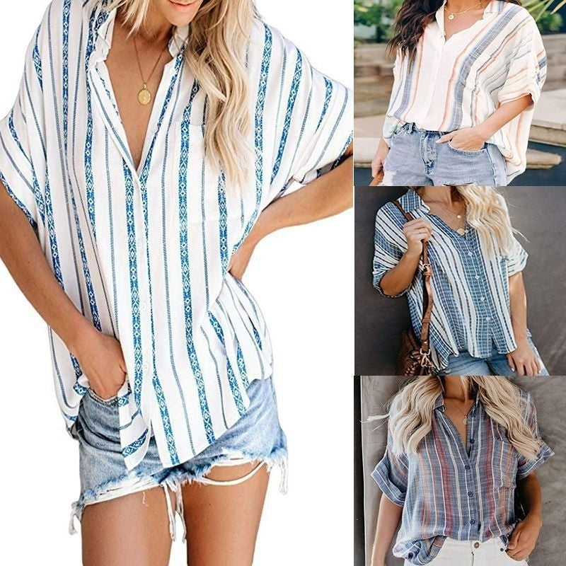 Cardigan Stripe Pocket Short Sleeve Blouse Image 1