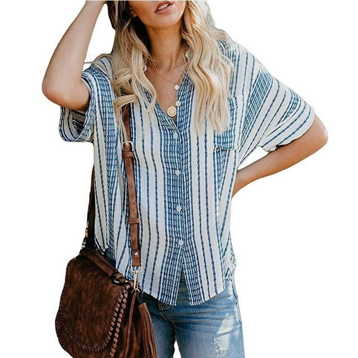 Cardigan Stripe Pocket Short Sleeve Blouse Image 4