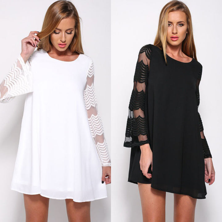 Womens Plus Size Mesh Long-Sleeved Lace Dress Image 1