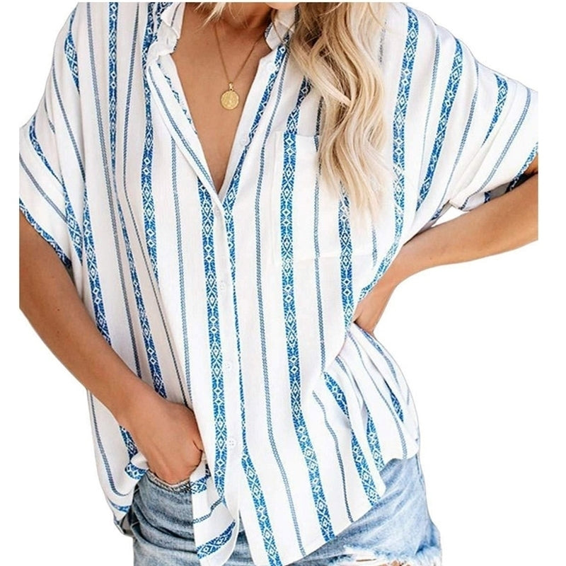 Cardigan Stripe Pocket Short Sleeve Blouse Image 6