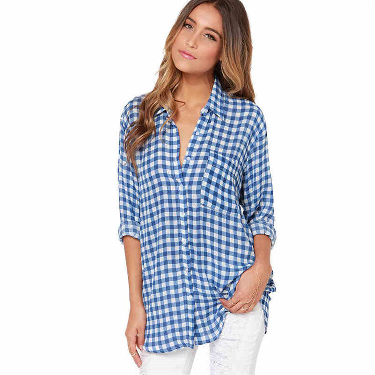 Casual Simple Blue Long Sleeve Plaid Shirt Women Image 1