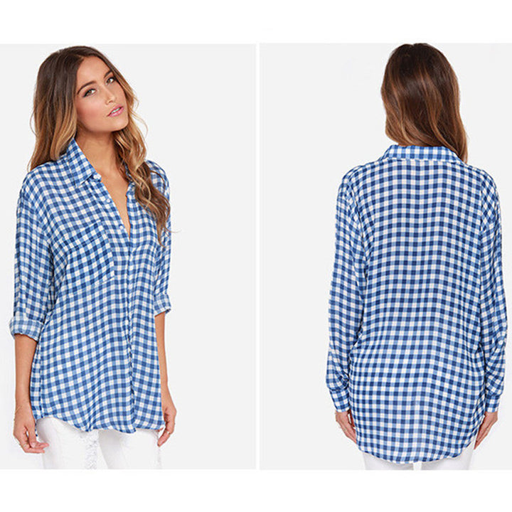 Casual Simple Blue Long Sleeve Plaid Shirt Women Image 3