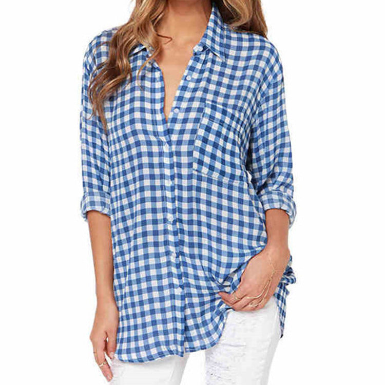 Casual Simple Blue Long Sleeve Plaid Shirt Women Image 4