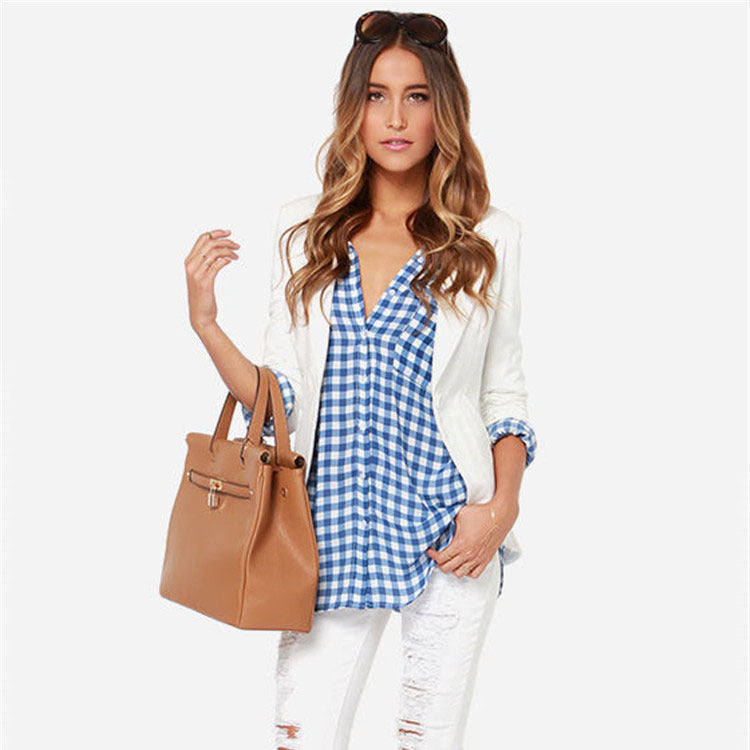 Casual Simple Blue Long Sleeve Plaid Shirt Women Image 4