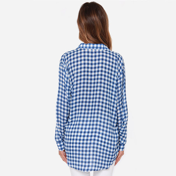 Casual Simple Blue Long Sleeve Plaid Shirt Women Image 6