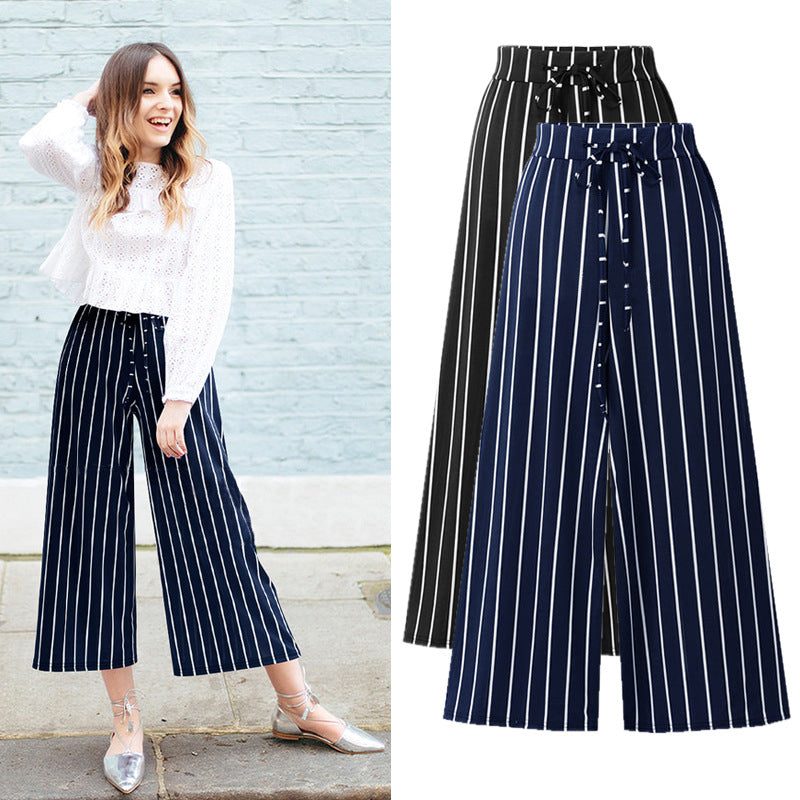 Womens Summer Striped Cropped Wide-Leg Pants Image 1