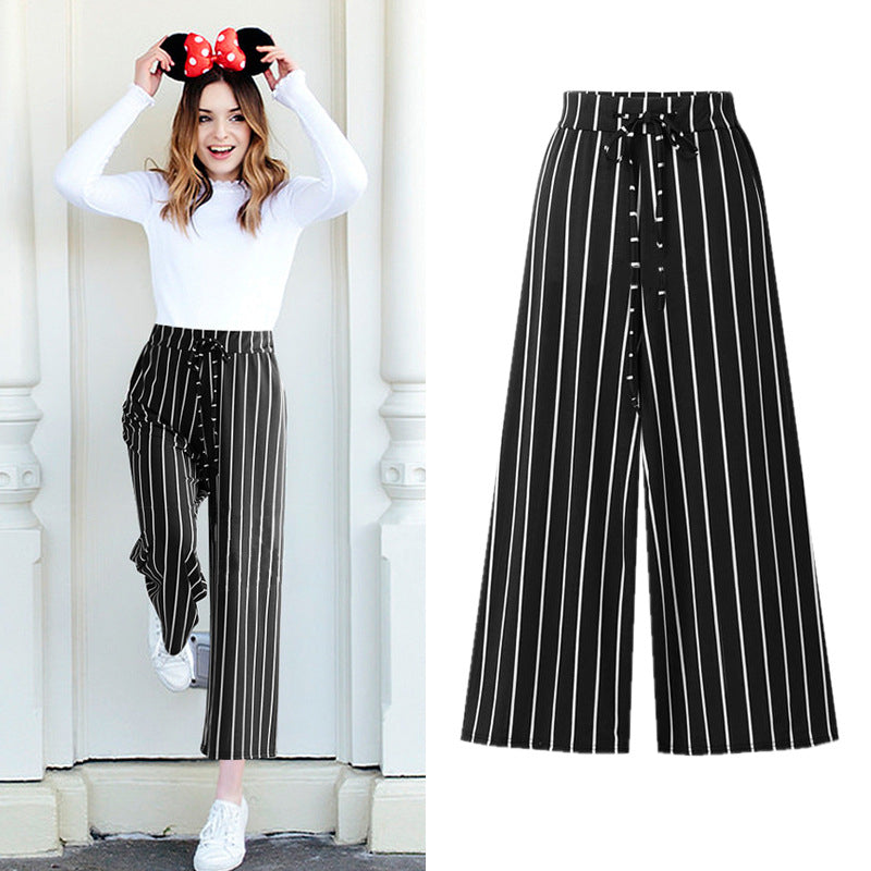 Womens Summer Striped Cropped Wide-Leg Pants Image 3