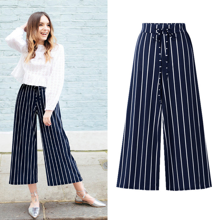 Womens Summer Striped Cropped Wide-Leg Pants Image 4