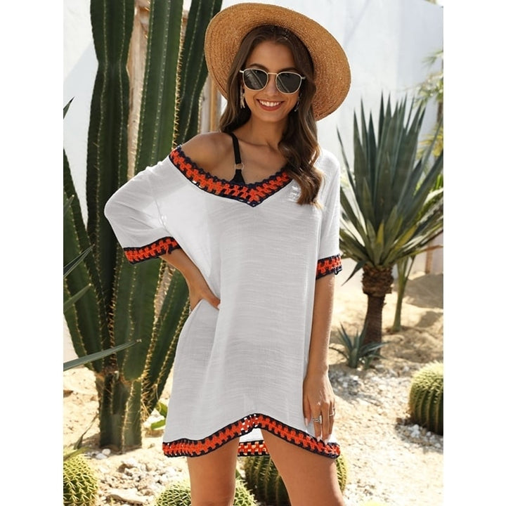 Womens Hollow V-Neck Contrast Color Beach Sun Cover Up Image 1