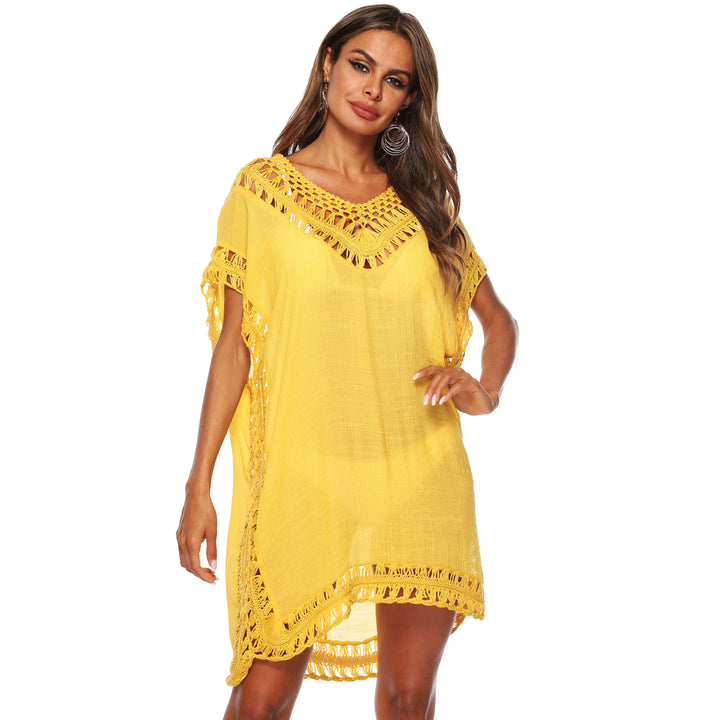 Womens V-neck Hand Hook Hollow Loose Beach Blouse Skirt Image 4