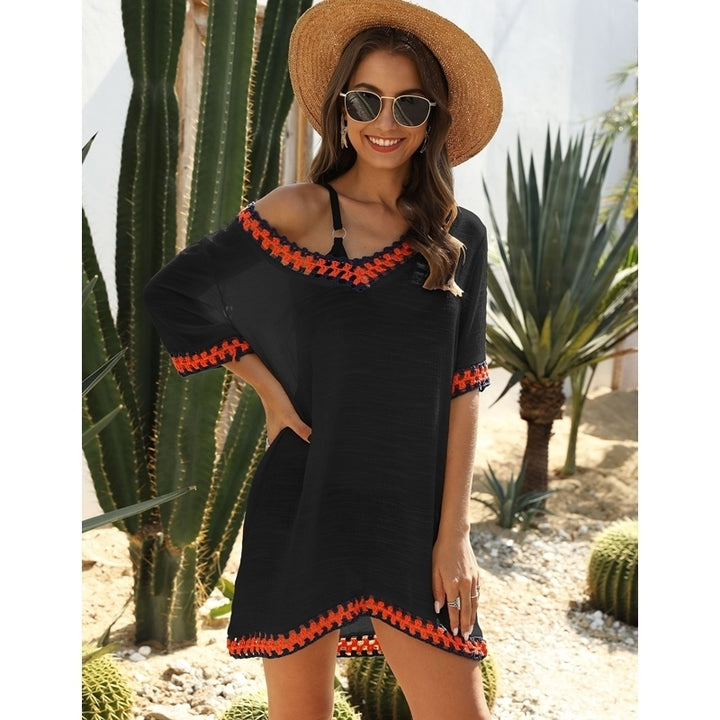 Womens Hollow V-Neck Contrast Color Beach Sun Cover Up Image 4