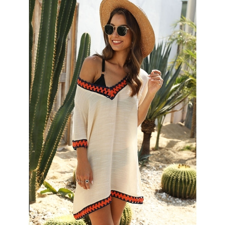 Womens Hollow V-Neck Contrast Color Beach Sun Cover Up Image 8