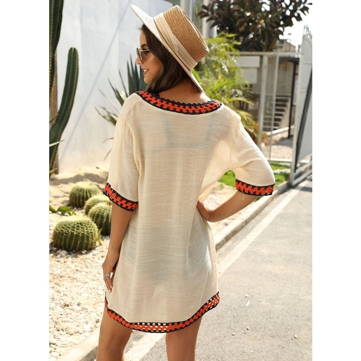 Womens Hollow V-Neck Contrast Color Beach Sun Cover Up Image 9