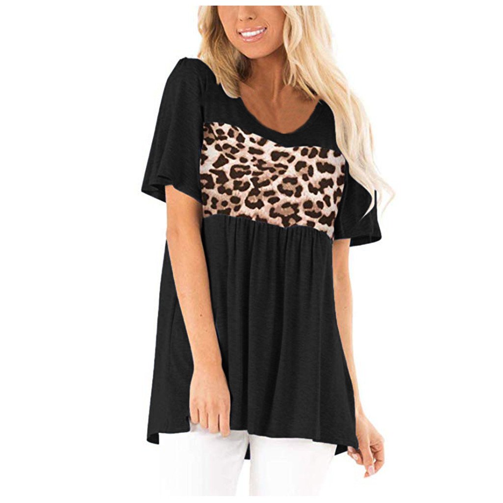 Womens Short-Sleeved T-Shirt With Leopard Stitching Image 1