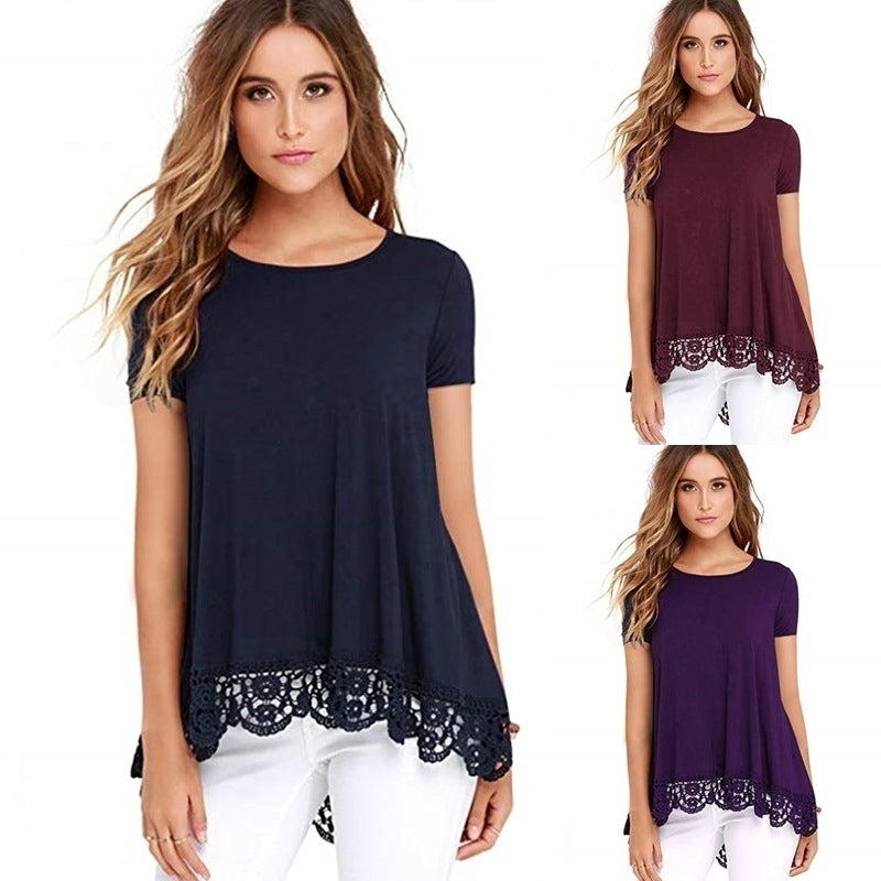 Round Neck Lace Loose Womens T-Shirt Image 1