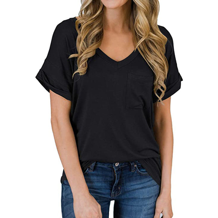 V-Neck Pocket T-Shirt Curled Loose Top Image 1