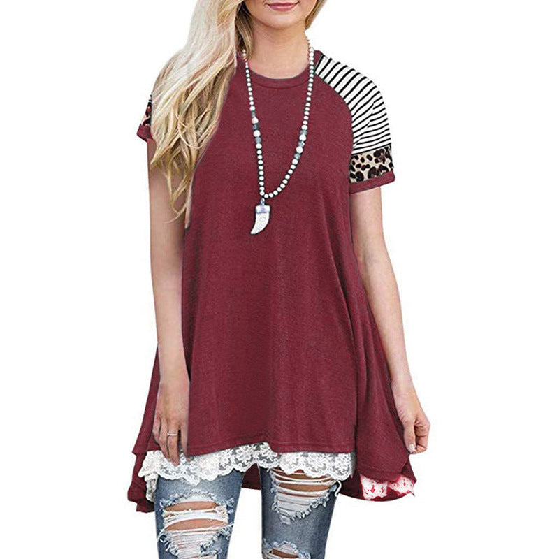 Leopard Print Stitching Lace T-Shirt Dress Women Image 8