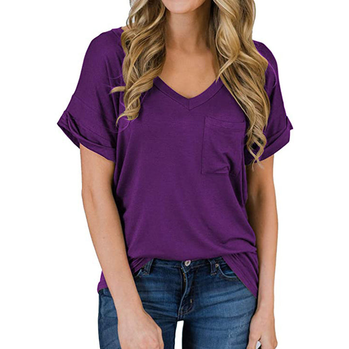 V-Neck Pocket T-Shirt Curled Loose Top Image 3