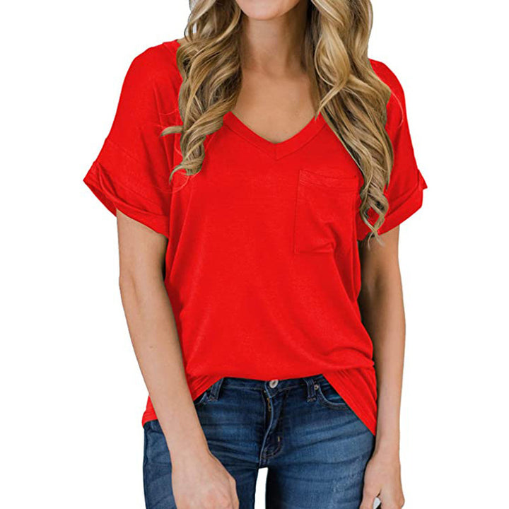 V-Neck Pocket T-Shirt Curled Loose Top Image 4