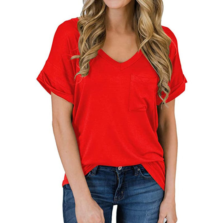 V-Neck Pocket T-Shirt Curled Loose Top Image 1