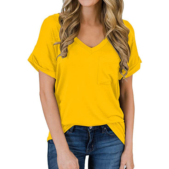 V-Neck Pocket T-Shirt Curled Loose Top Image 4