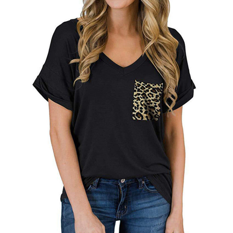 V-Neck Leopard Pocket T-Shirt Rolled Short Sleeves Image 1