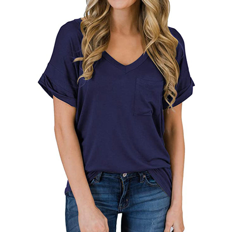 V-Neck Pocket T-Shirt Curled Loose Top Image 8