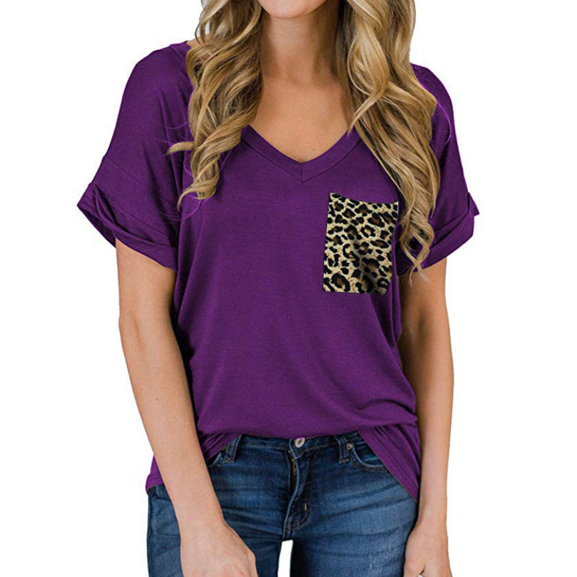 V-Neck Leopard Pocket T-Shirt Rolled Short Sleeves Image 3