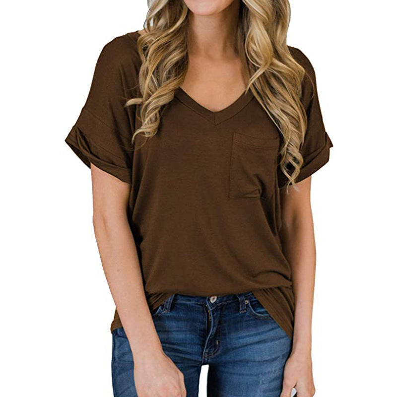 V-Neck Pocket T-Shirt Curled Loose Top Image 9